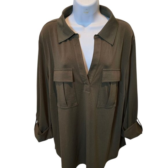Michael Kors Women’s 1X Olive Green V Neck Top NWT - Picture 1 of 10